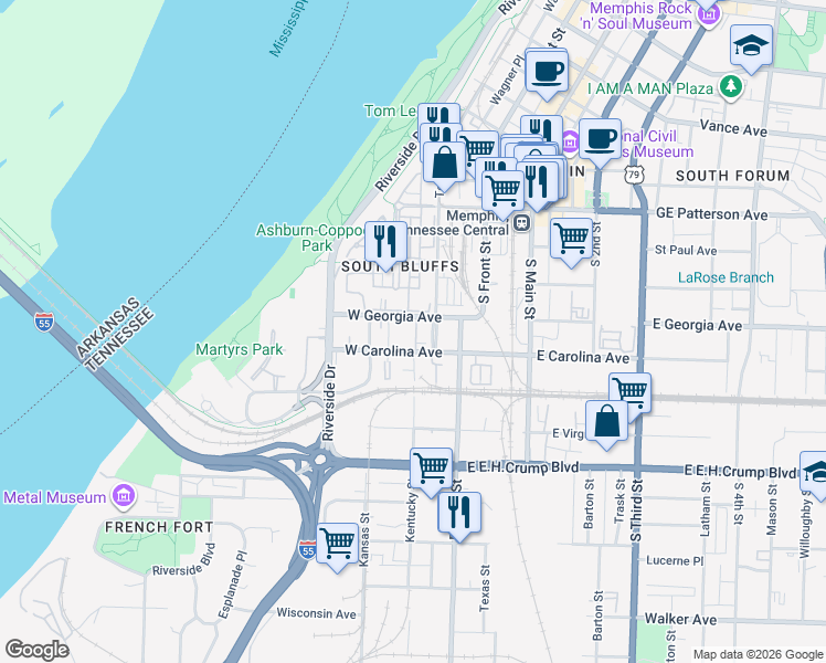 map of restaurants, bars, coffee shops, grocery stores, and more near 665 Tennessee Street in Memphis