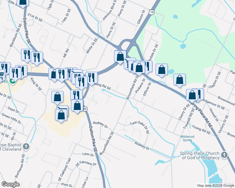 map of restaurants, bars, coffee shops, grocery stores, and more near 1922 Young Road Southeast in Cleveland