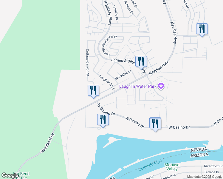 map of restaurants, bars, coffee shops, grocery stores, and more near 2219 River City Drive in Laughlin