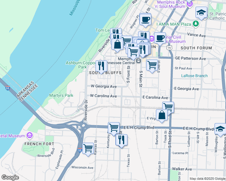 map of restaurants, bars, coffee shops, grocery stores, and more near 665 Tennessee Street in Memphis