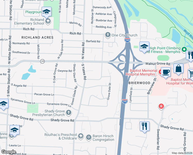 map of restaurants, bars, coffee shops, grocery stores, and more near 5689 North Angela Road in Memphis