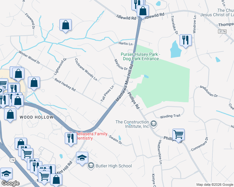 map of restaurants, bars, coffee shops, grocery stores, and more near 2707 Matthews-Mint Hill Rd in Matthews