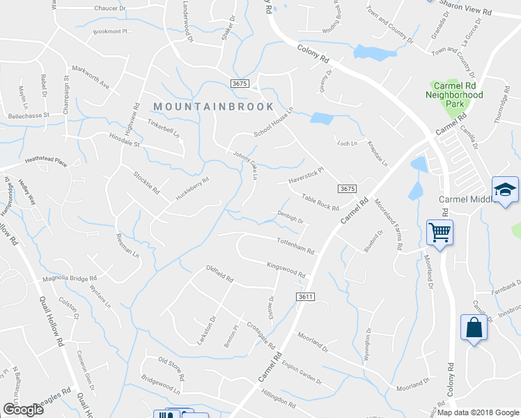 map of restaurants, bars, coffee shops, grocery stores, and more near 4200 Denbigh Drive in Charlotte