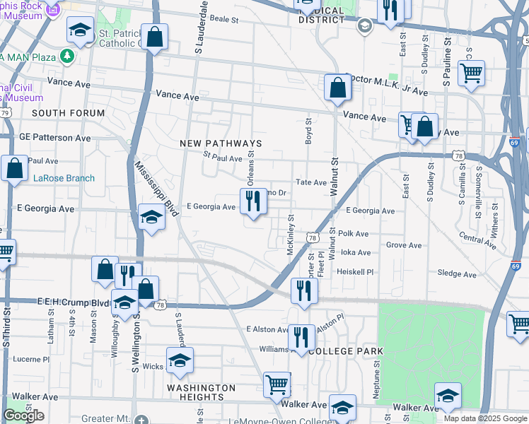 map of restaurants, bars, coffee shops, grocery stores, and more near 669 East Georgia Avenue in Memphis
