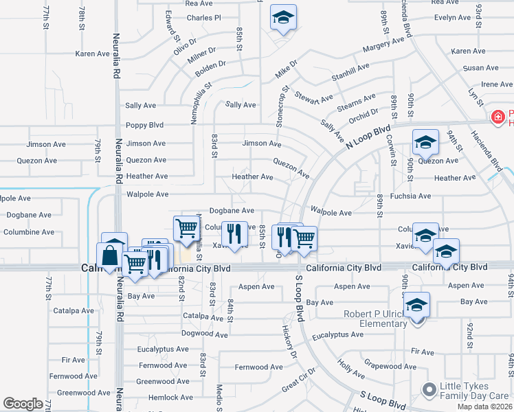 map of restaurants, bars, coffee shops, grocery stores, and more near 8443 Dogbane Avenue in California City
