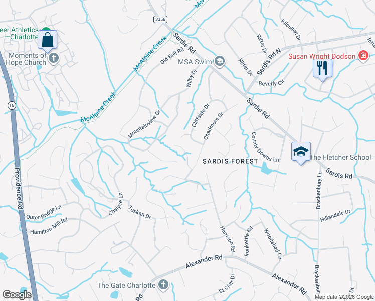 map of restaurants, bars, coffee shops, grocery stores, and more near 7935 Wilby Hollow Drive in Charlotte