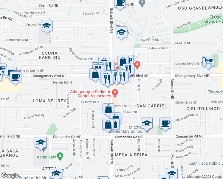 map of restaurants, bars, coffee shops, grocery stores, and more near 4248 Eubank Boulevard Northeast in Albuquerque