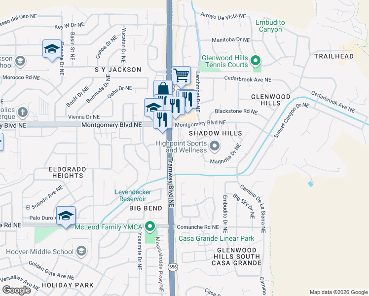 map of restaurants, bars, coffee shops, grocery stores, and more near 4200 Spanish Bit Street Northeast in Albuquerque