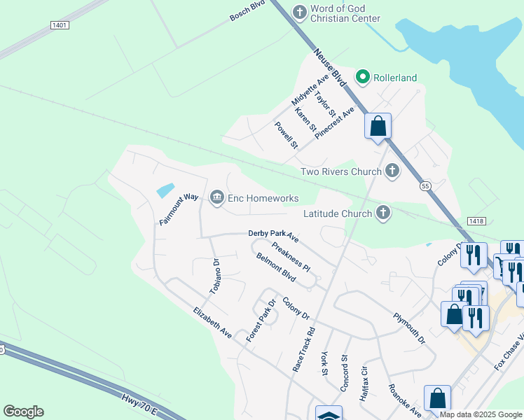 map of restaurants, bars, coffee shops, grocery stores, and more near 305 Fairmount Way in New Bern