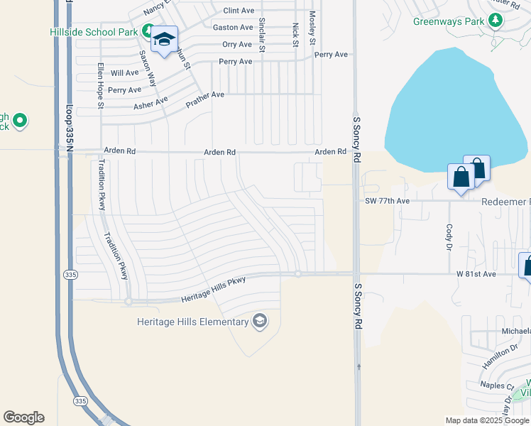 map of restaurants, bars, coffee shops, grocery stores, and more near Legacy Parkway in Amarillo