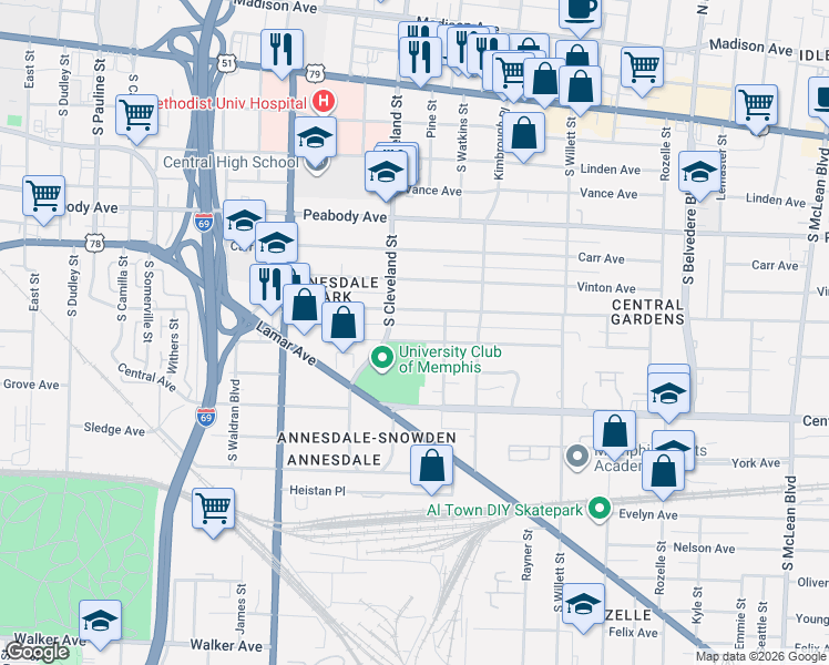 map of restaurants, bars, coffee shops, grocery stores, and more near 1363 Goodbar Avenue in Memphis