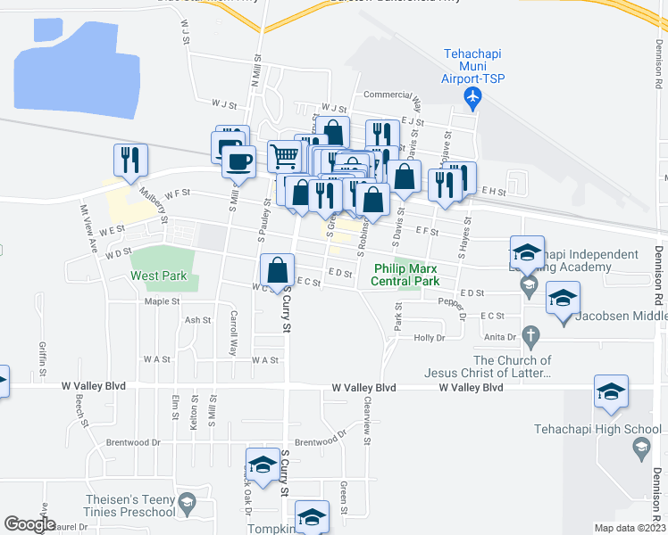 map of restaurants, bars, coffee shops, grocery stores, and more near 107 East D Street in Tehachapi