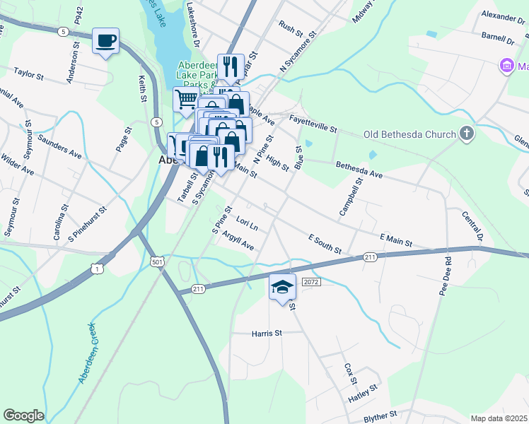 map of restaurants, bars, coffee shops, grocery stores, and more near 362 East South Street in Aberdeen