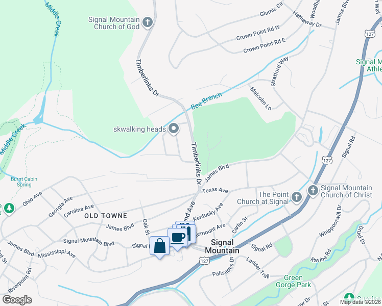 map of restaurants, bars, coffee shops, grocery stores, and more near 104 Pinehurst Lane in Signal Mountain