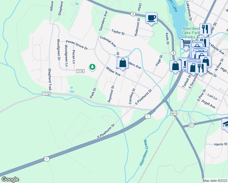 map of restaurants, bars, coffee shops, grocery stores, and more near 607 Seymour Street in Aberdeen