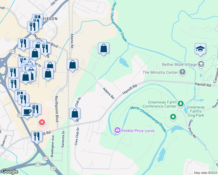 map of restaurants, bars, coffee shops, grocery stores, and more near 4634 Woodland Lane in Chattanooga