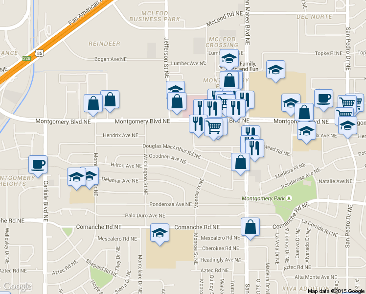 map of restaurants, bars, coffee shops, grocery stores, and more near 4620 Douglas Macarthur Road Northeast in Albuquerque