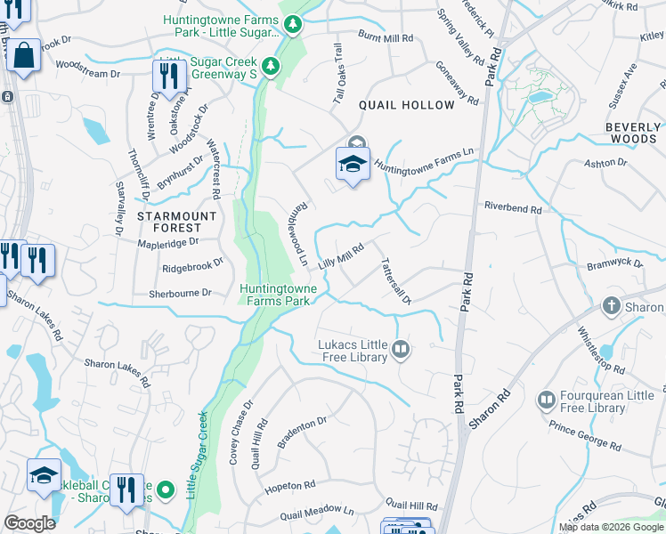 map of restaurants, bars, coffee shops, grocery stores, and more near 2621 Whiffletree Road in Charlotte