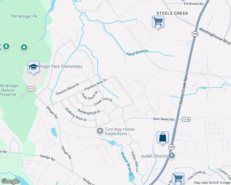 map of restaurants, bars, coffee shops, grocery stores, and more near 12127 Creek Turn Drive in Charlotte