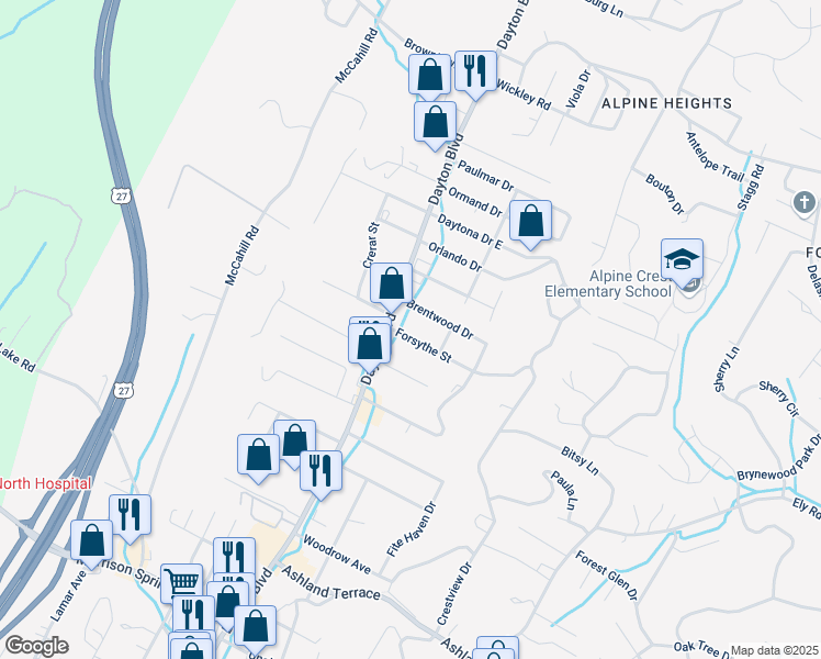 map of restaurants, bars, coffee shops, grocery stores, and more near 104 Forsythe Street in Chattanooga