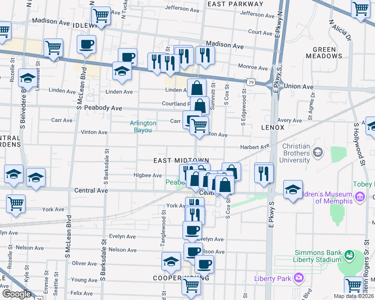 map of restaurants, bars, coffee shops, grocery stores, and more near 639 Cooper Street in Memphis