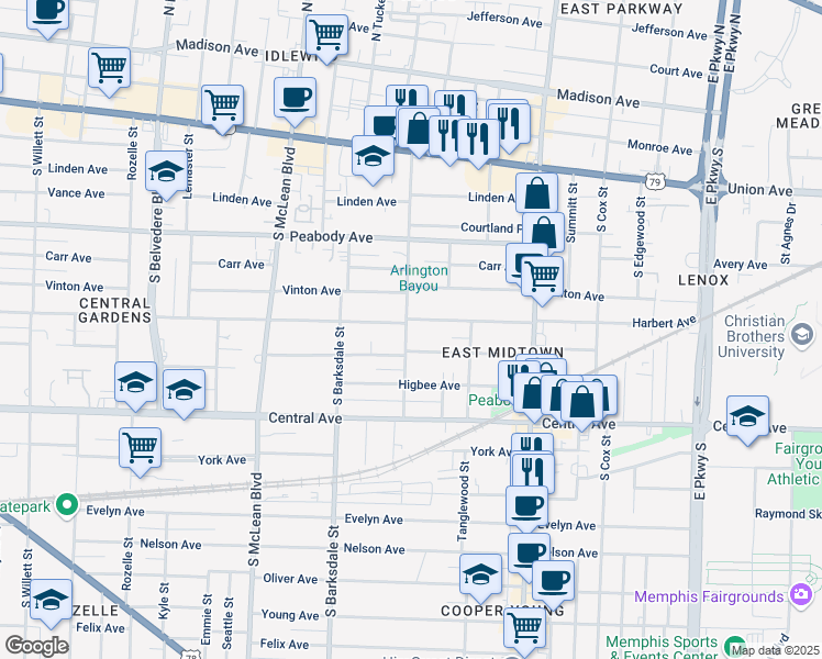 map of restaurants, bars, coffee shops, grocery stores, and more near 1992 Cowden Avenue in Memphis