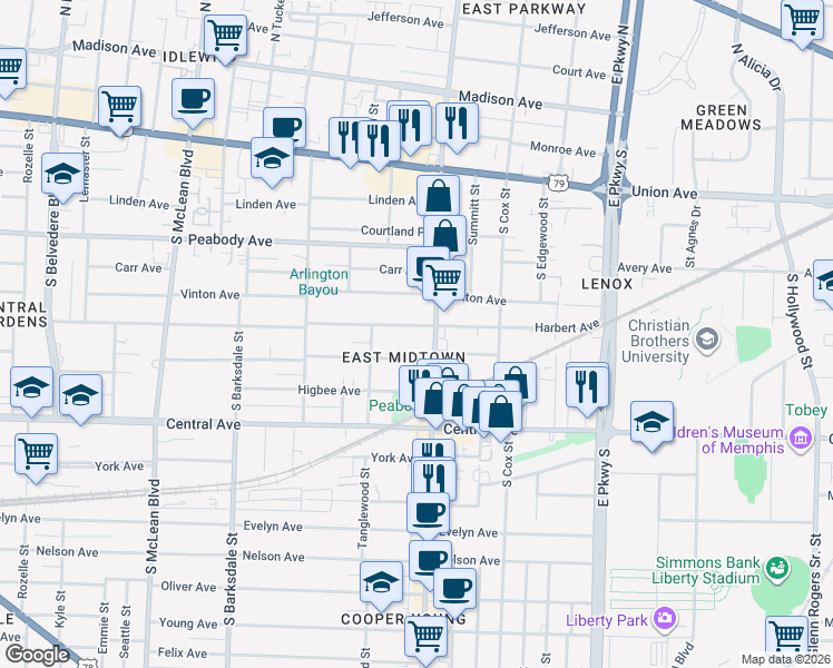 map of restaurants, bars, coffee shops, grocery stores, and more near 639 Cooper Street in Memphis