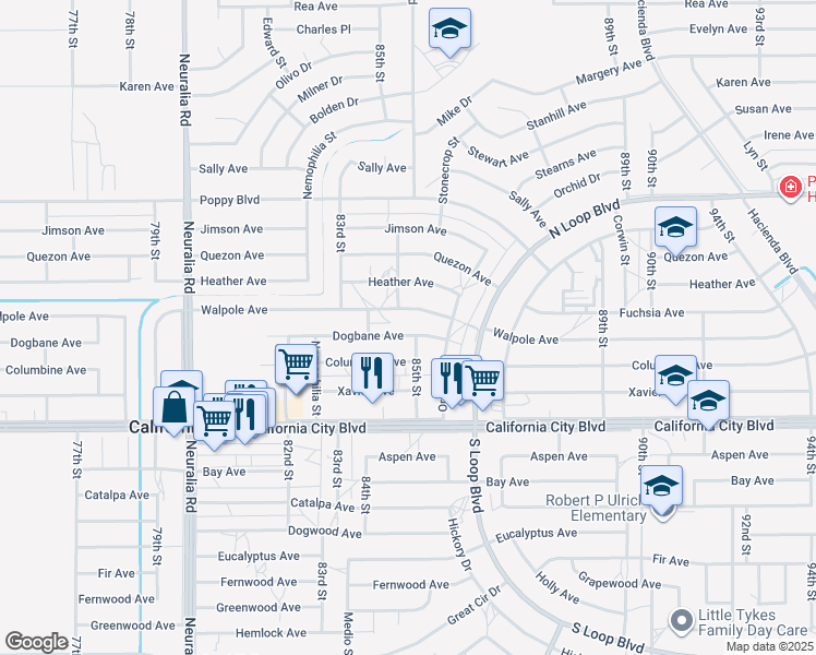 map of restaurants, bars, coffee shops, grocery stores, and more near 8443 Dogbane Avenue in California City