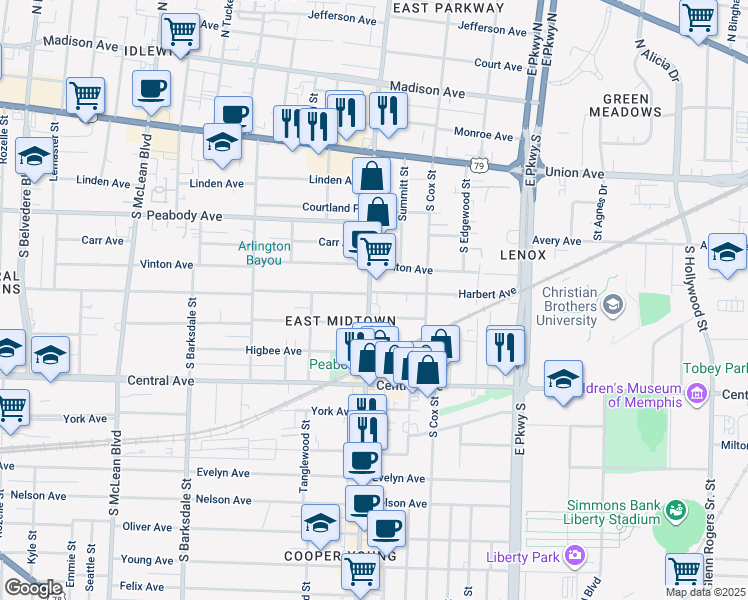 map of restaurants, bars, coffee shops, grocery stores, and more near 639 Cooper Street in Memphis
