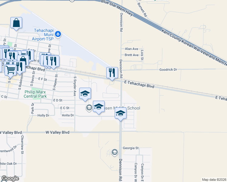 map of restaurants, bars, coffee shops, grocery stores, and more near 333 Dennison Road in Tehachapi