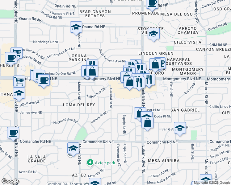 map of restaurants, bars, coffee shops, grocery stores, and more near 4114 Parsifal Street Northeast in Albuquerque