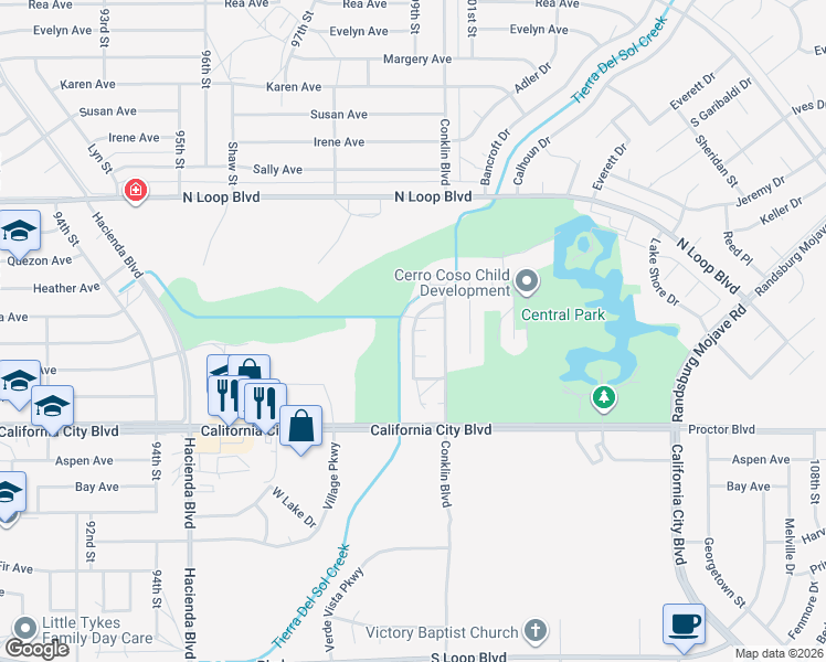 map of restaurants, bars, coffee shops, grocery stores, and more near Windsong Street in California City