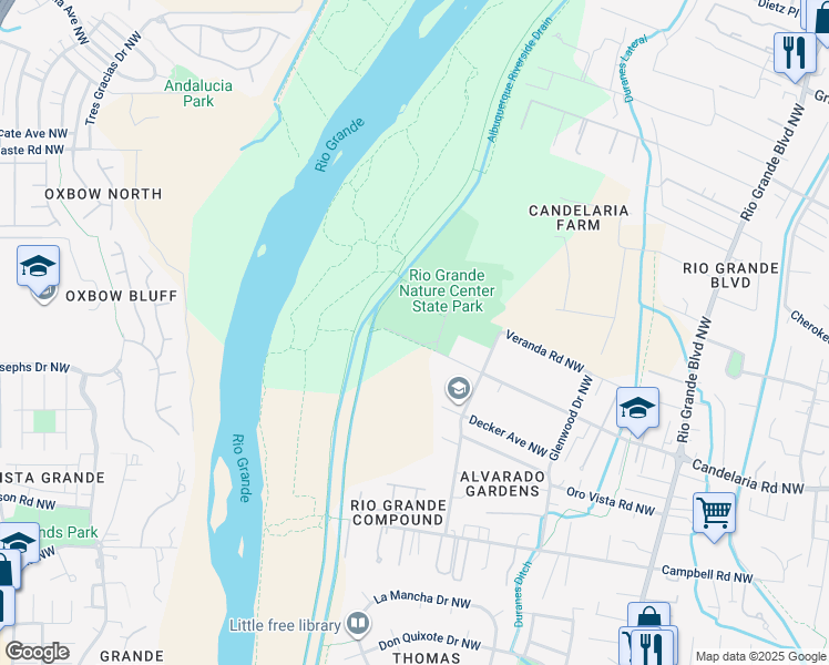map of restaurants, bars, coffee shops, grocery stores, and more near 2901 Candelaria Road Northwest in Albuquerque