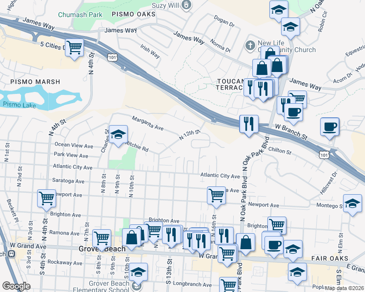 map of restaurants, bars, coffee shops, grocery stores, and more near 910 North 12th Street in Grover Beach