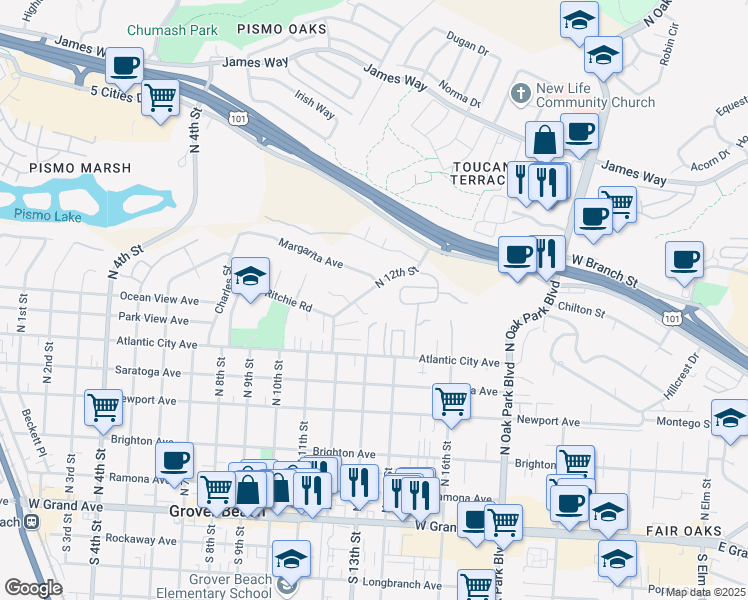 map of restaurants, bars, coffee shops, grocery stores, and more near 850 North 12th Street in Grover Beach
