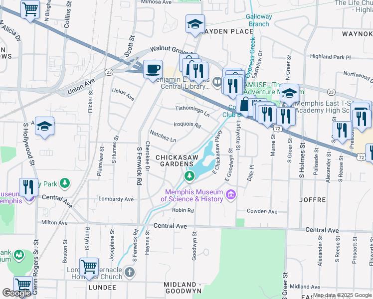map of restaurants, bars, coffee shops, grocery stores, and more near 111 West Chickasaw Parkway in Memphis