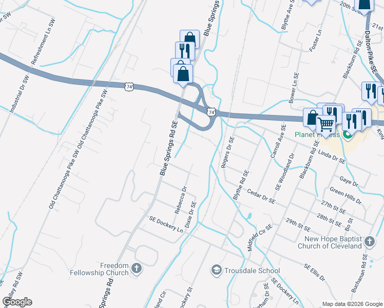 map of restaurants, bars, coffee shops, grocery stores, and more near 2701 Blue Springs Road Southeast in Cleveland