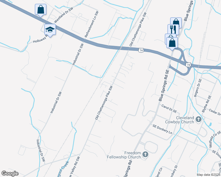 map of restaurants, bars, coffee shops, grocery stores, and more near 746 Old Chattanooga Pike Southwest in Cleveland