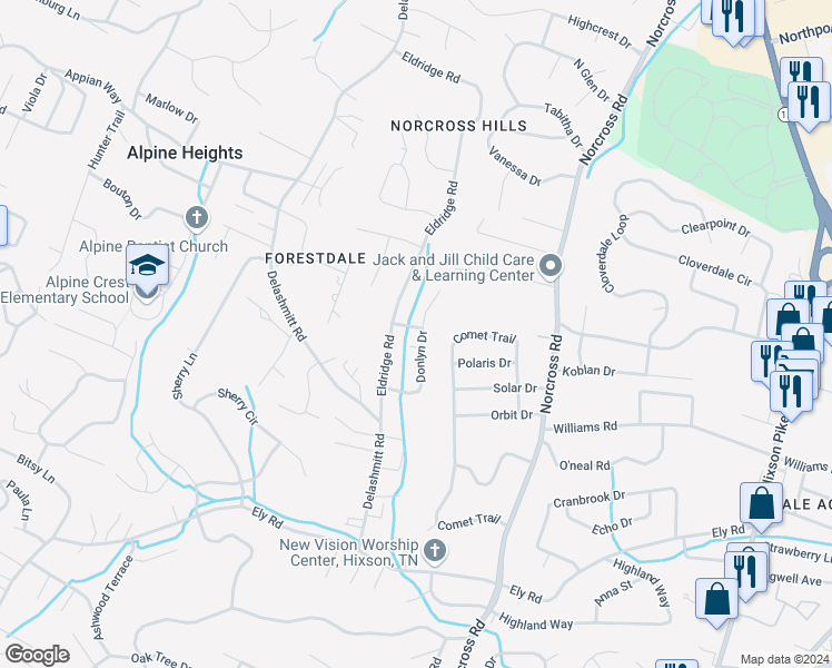 map of restaurants, bars, coffee shops, grocery stores, and more near 5233 Donlyn Drive in Chattanooga
