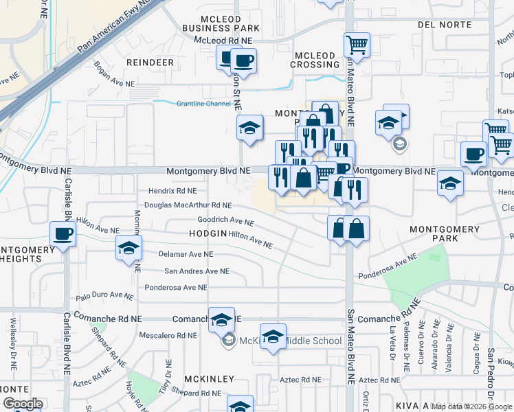 map of restaurants, bars, coffee shops, grocery stores, and more near 4620 Douglas Macarthur Road Northeast in Albuquerque