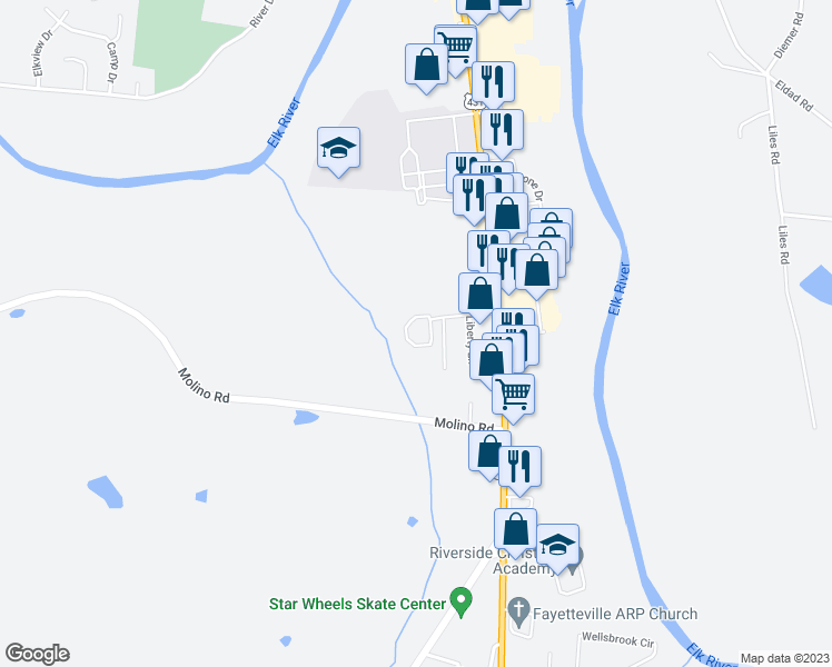 map of restaurants, bars, coffee shops, grocery stores, and more near 500 Independence Drive in Fayetteville