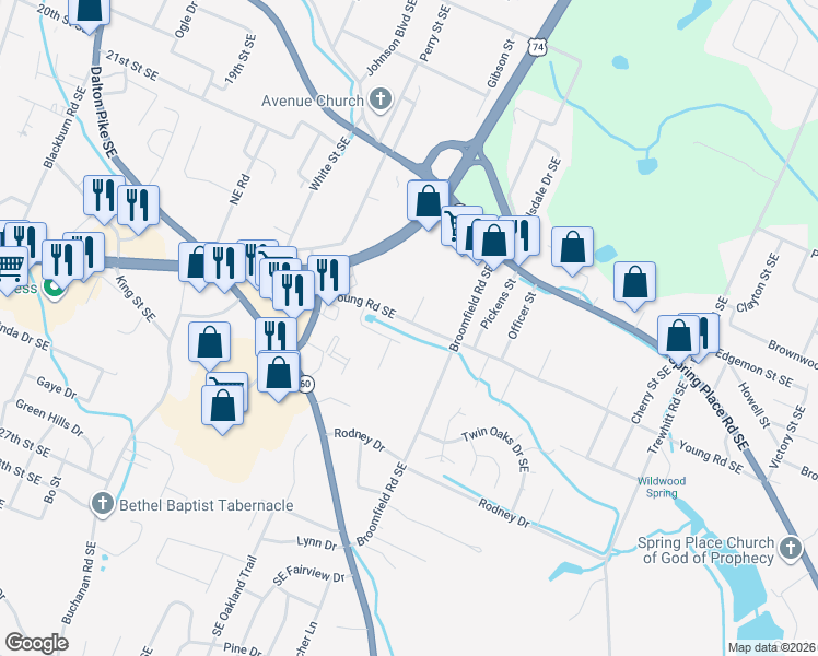 map of restaurants, bars, coffee shops, grocery stores, and more near 1922 Young Road Southeast in Cleveland