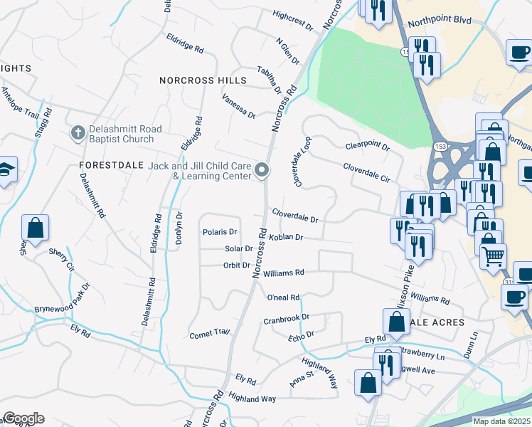 map of restaurants, bars, coffee shops, grocery stores, and more near 4448 Norcross Road in Chattanooga