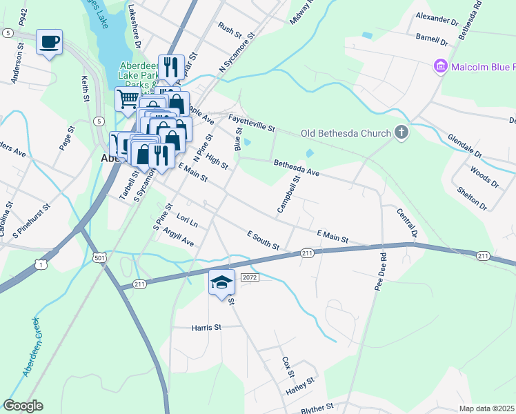 map of restaurants, bars, coffee shops, grocery stores, and more near 607 East Main Street in Aberdeen