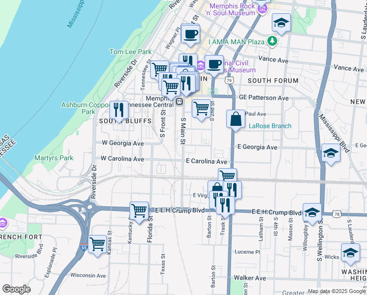 map of restaurants, bars, coffee shops, grocery stores, and more near 671 South Main Street in Memphis