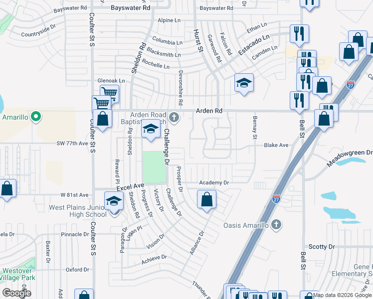 map of restaurants, bars, coffee shops, grocery stores, and more near 7900 Advance Place in Amarillo