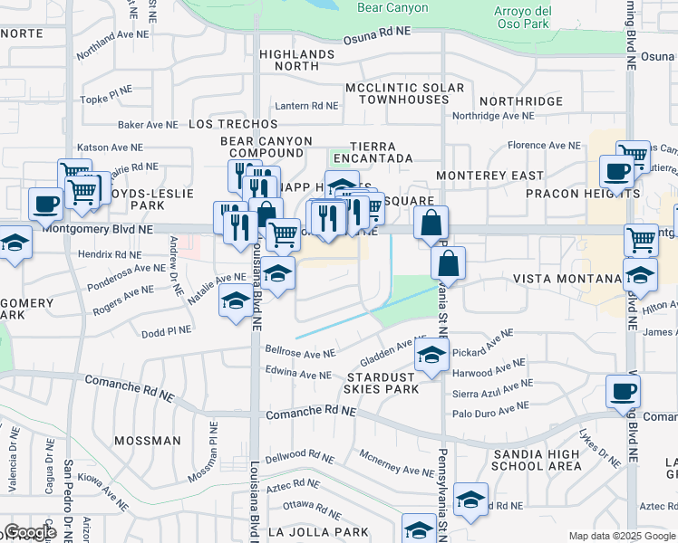 map of restaurants, bars, coffee shops, grocery stores, and more near 7304 Kathleen Avenue Northeast in Albuquerque