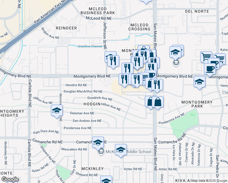 map of restaurants, bars, coffee shops, grocery stores, and more near 4620 Douglas Macarthur Road Northeast in Albuquerque