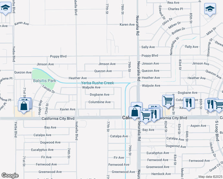 map of restaurants, bars, coffee shops, grocery stores, and more near 7761 Dogbane Avenue in California City