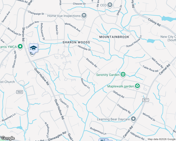 map of restaurants, bars, coffee shops, grocery stores, and more near 7008 Riesman Lane in Charlotte